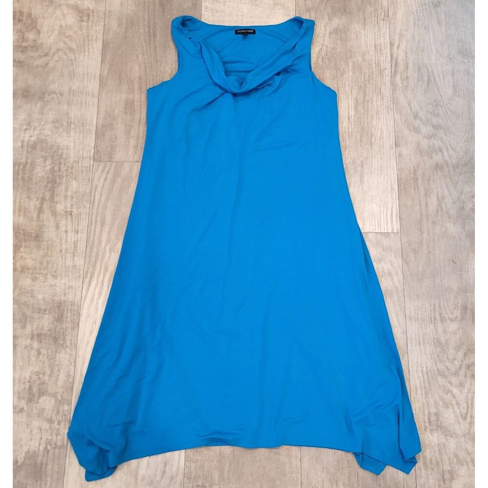 Eileen Fisher Blue Midi Dress Size M Cowl Neck Handkerchief Hem Rayon Sleeveless